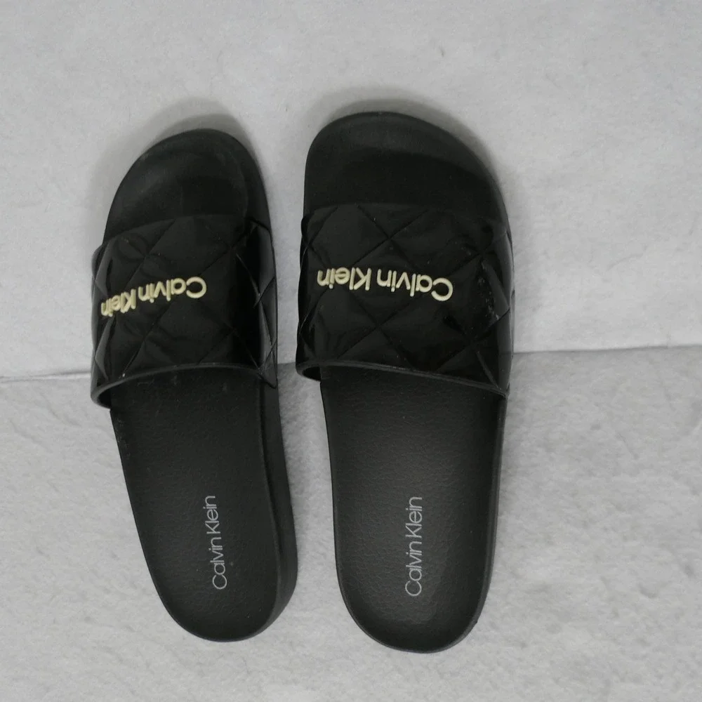 Calvin Klein Womens Slides 8M Black Quilted Pool Designer Athleisure‎